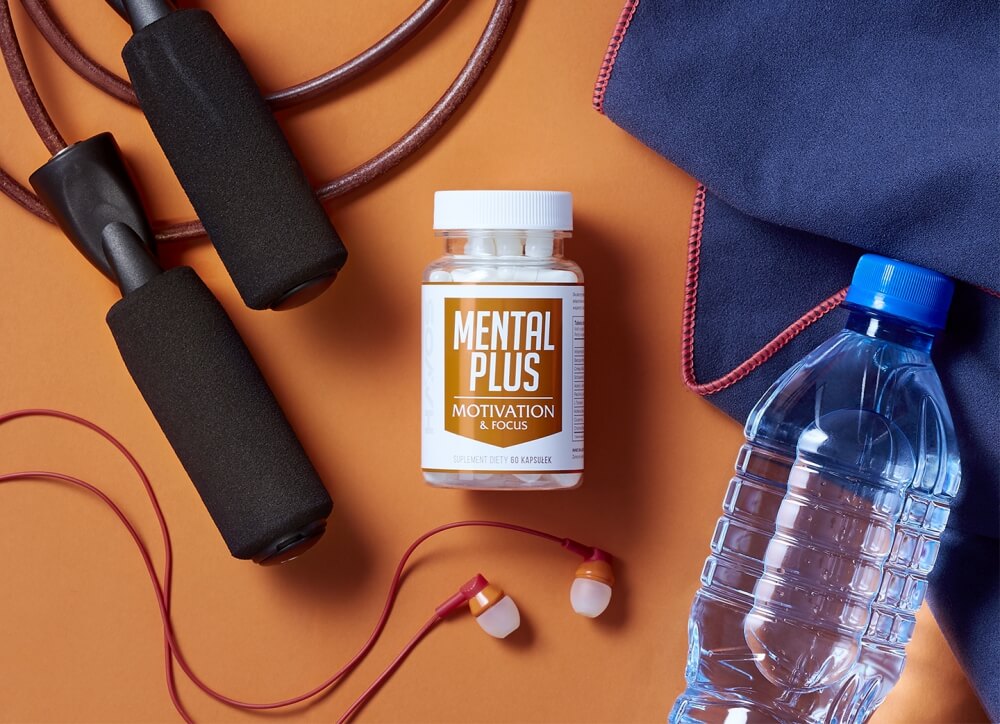 flat lay photo of Blex Mental Plus supplement in compostion with sport accessories on orange background