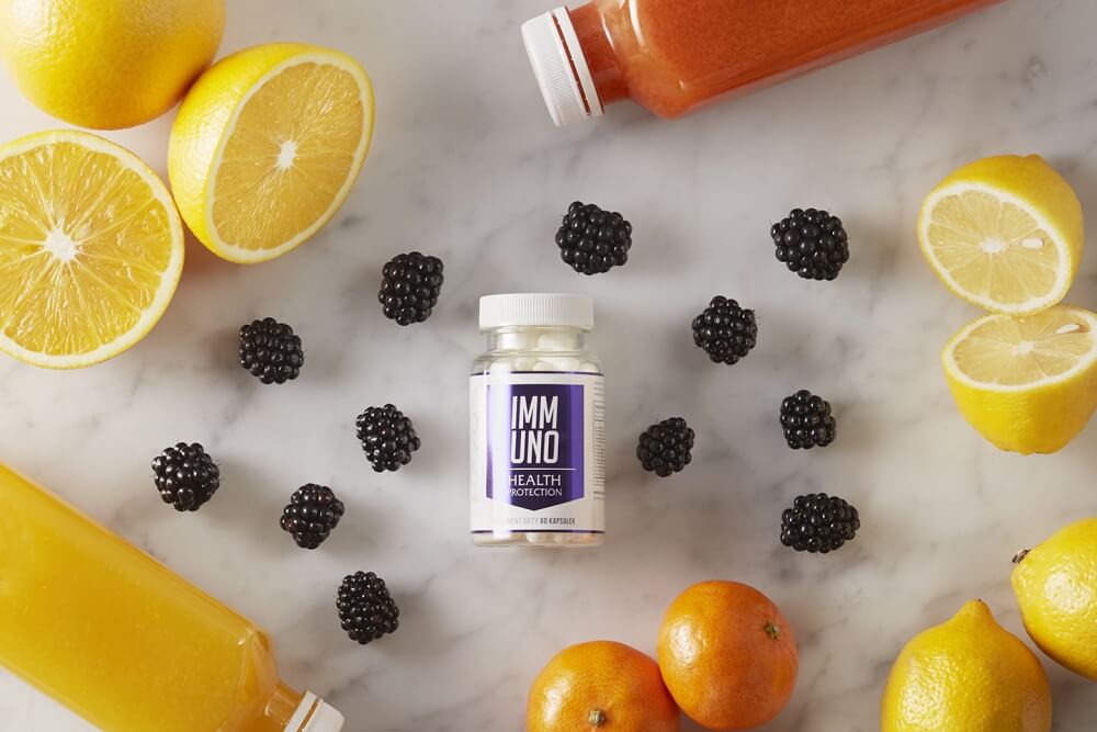 photo of blex immuno in bright composition with mulitcoloured fruits on a stone background