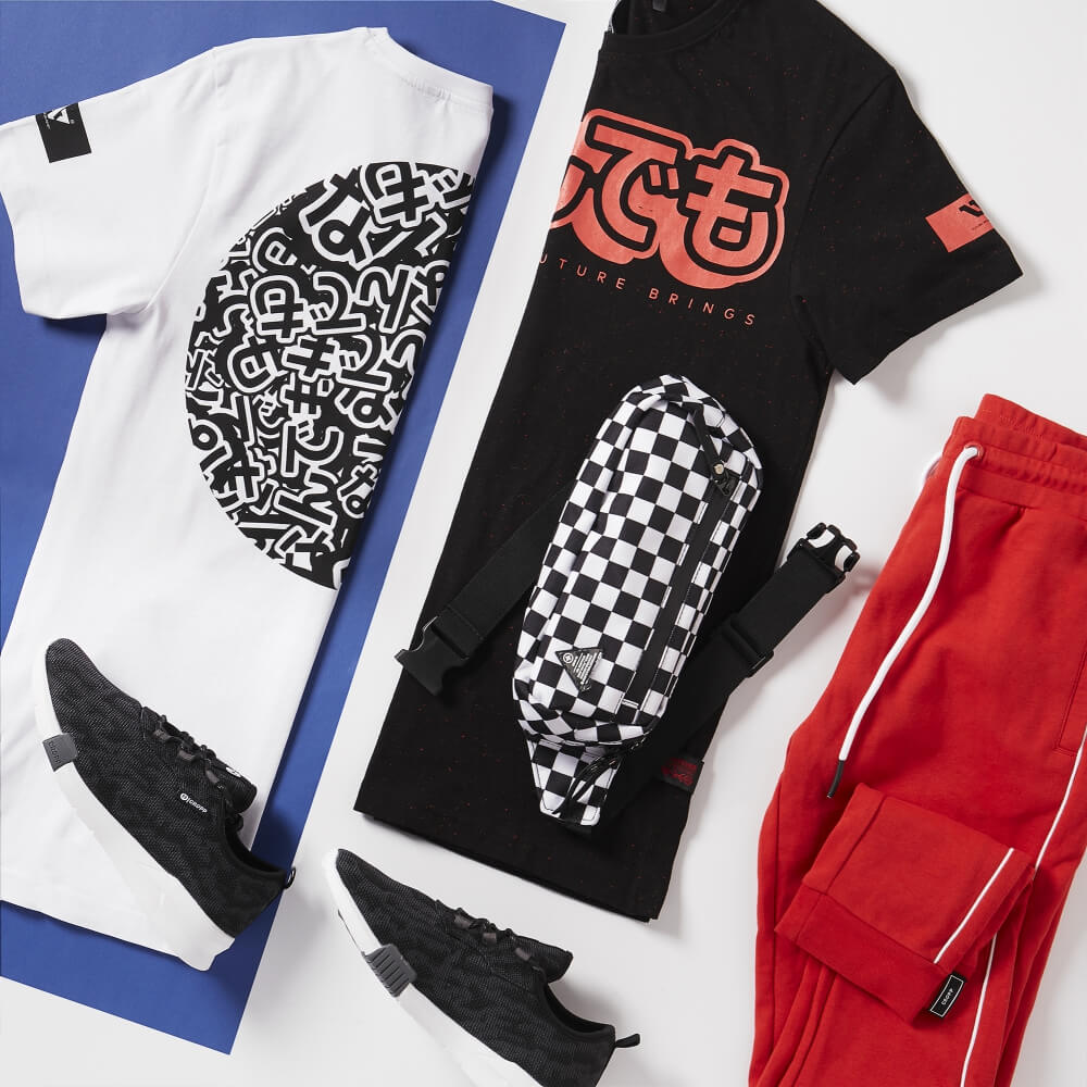 creative stylization of t-shirts with accessories shot from top