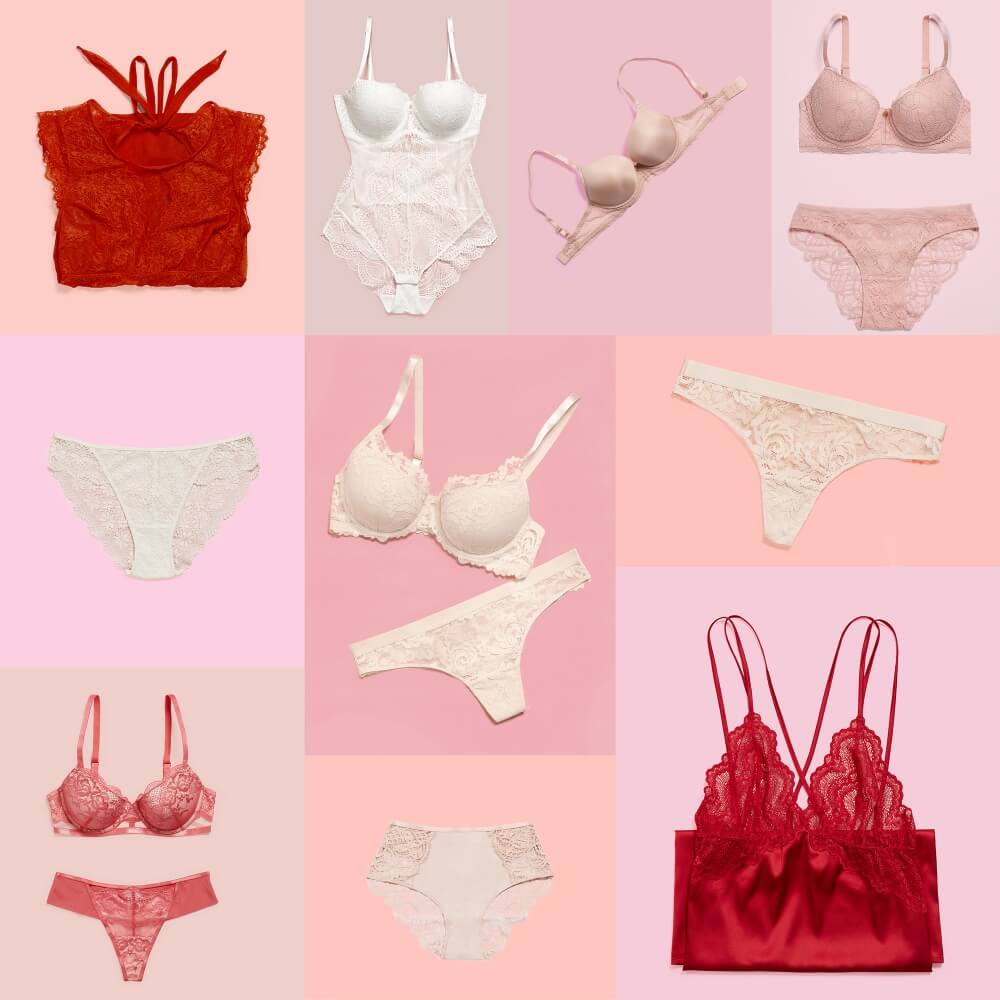colage of photos of different lingerie  models of Esotiq brand in different colored background in bright pastel Valentine's day colours