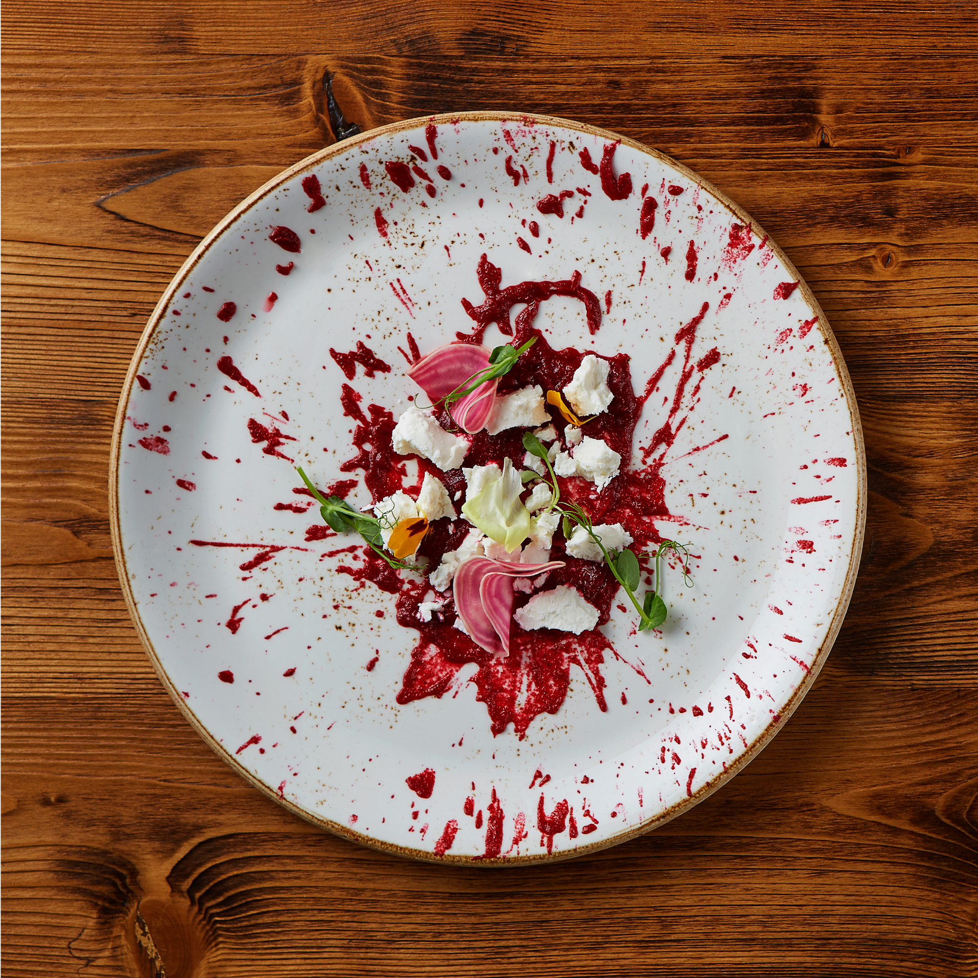top shot photo showing beet salad made by MJ Hotel Kitchen