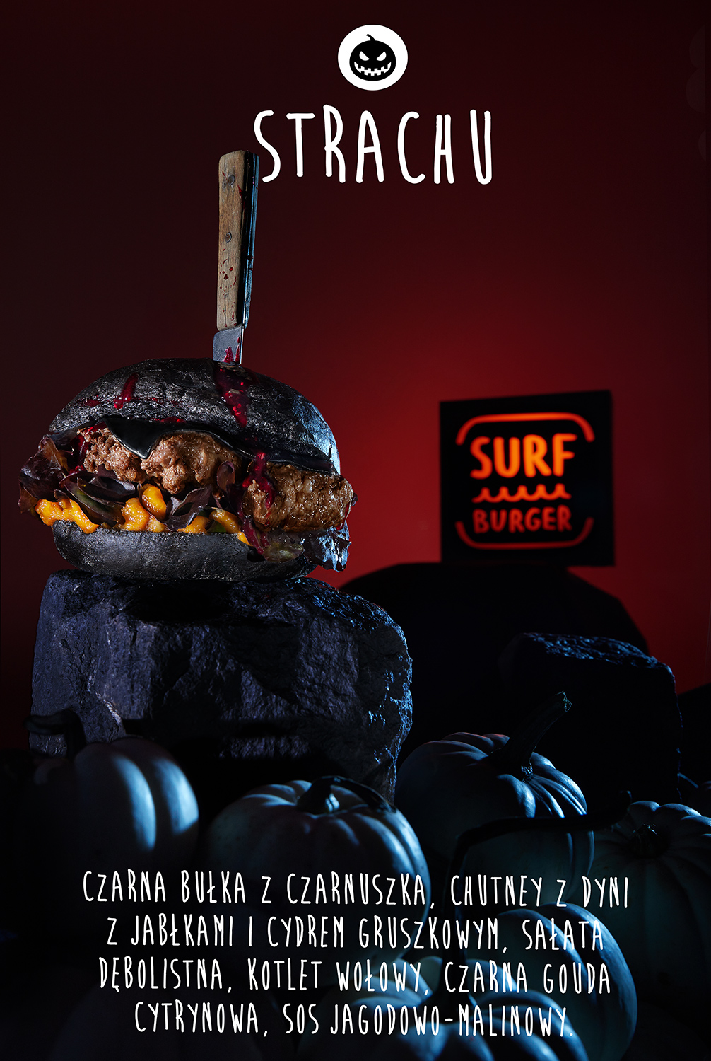 photo poster with a burger on a rock in halloween mood