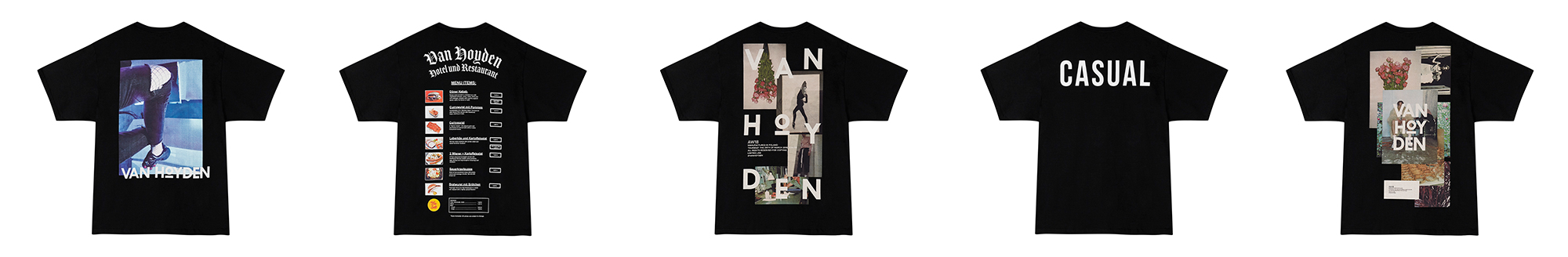 zdjęcia produktowe czarnego t-shirtu z różnymi grafikami marki