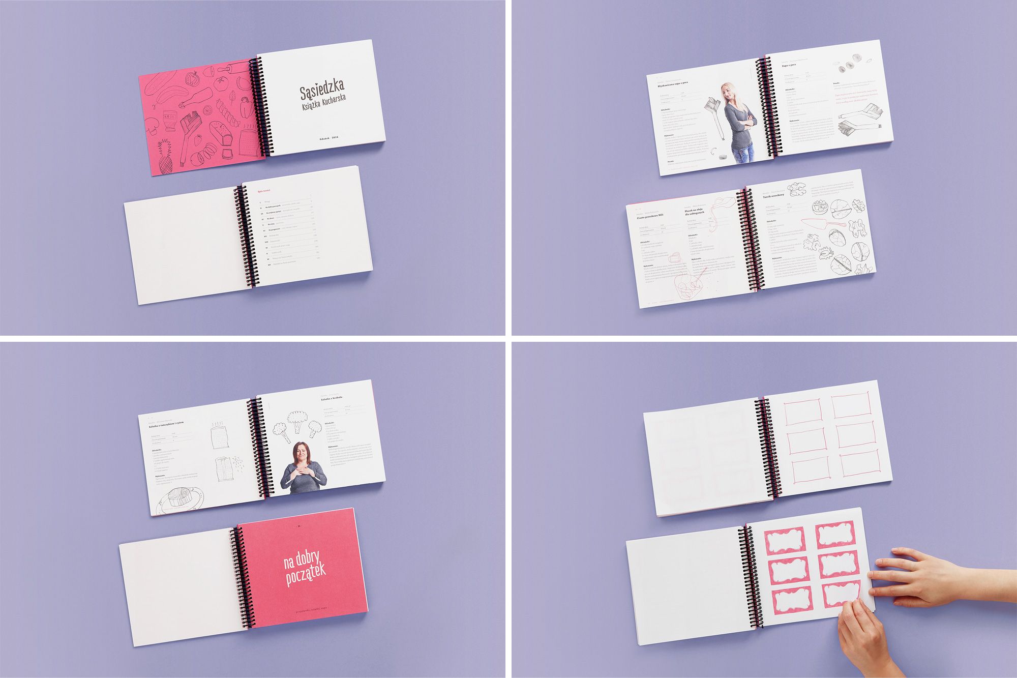 composition of four photos showing book opened on different pages and a hand peeling of a sticker from one of the pages 