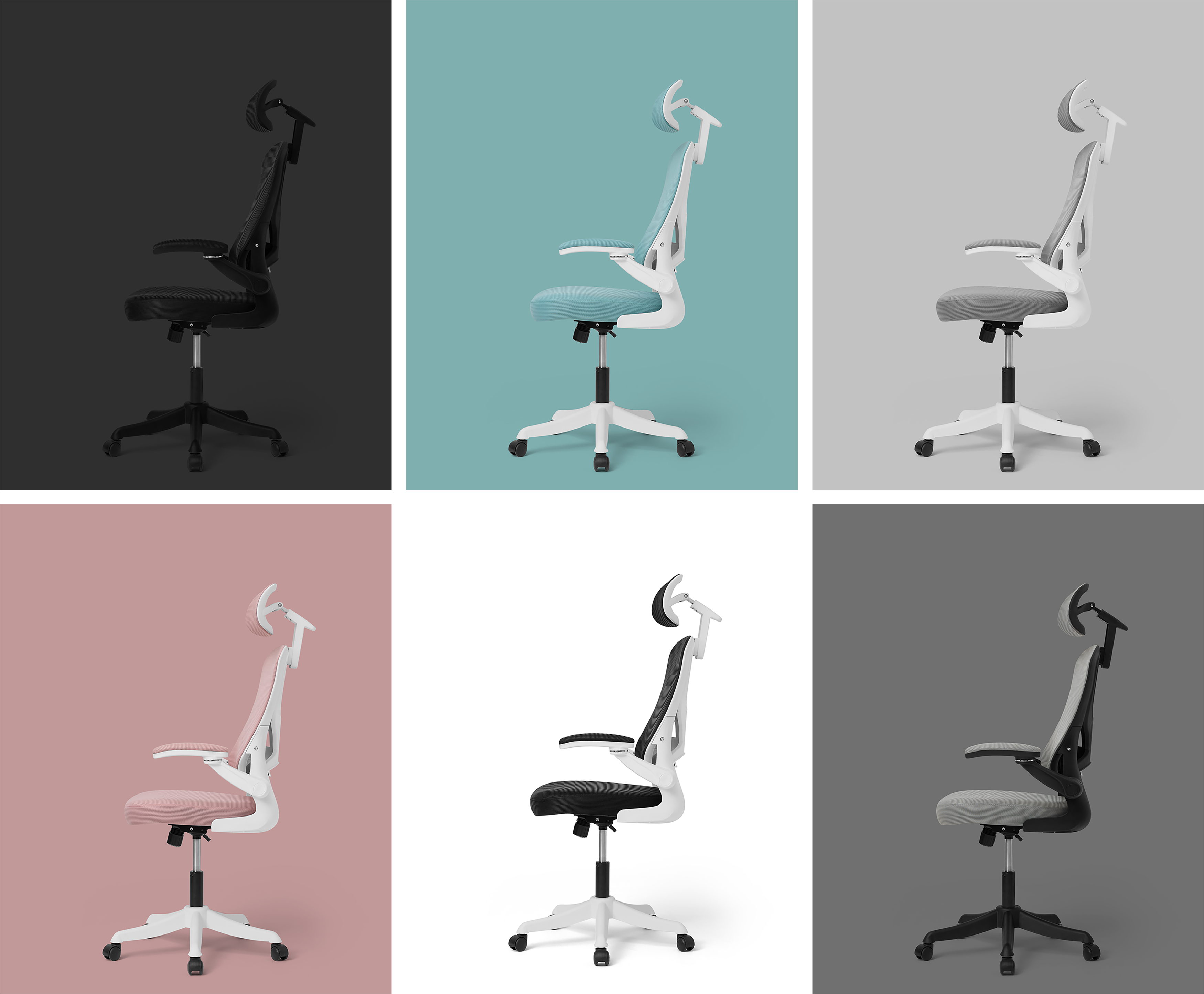 Packshot compilation of 6 office chairs in colors - black, mint, gray, pink, white and dark gray