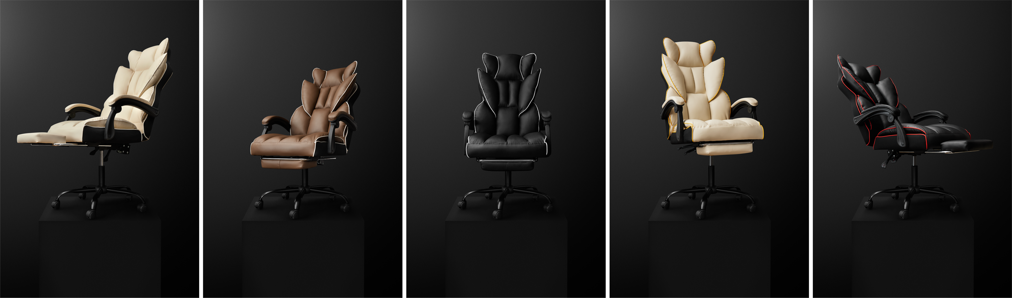 A compilation of five creative photos on a black background. The photo shows office chairs with a footrest on a black cube