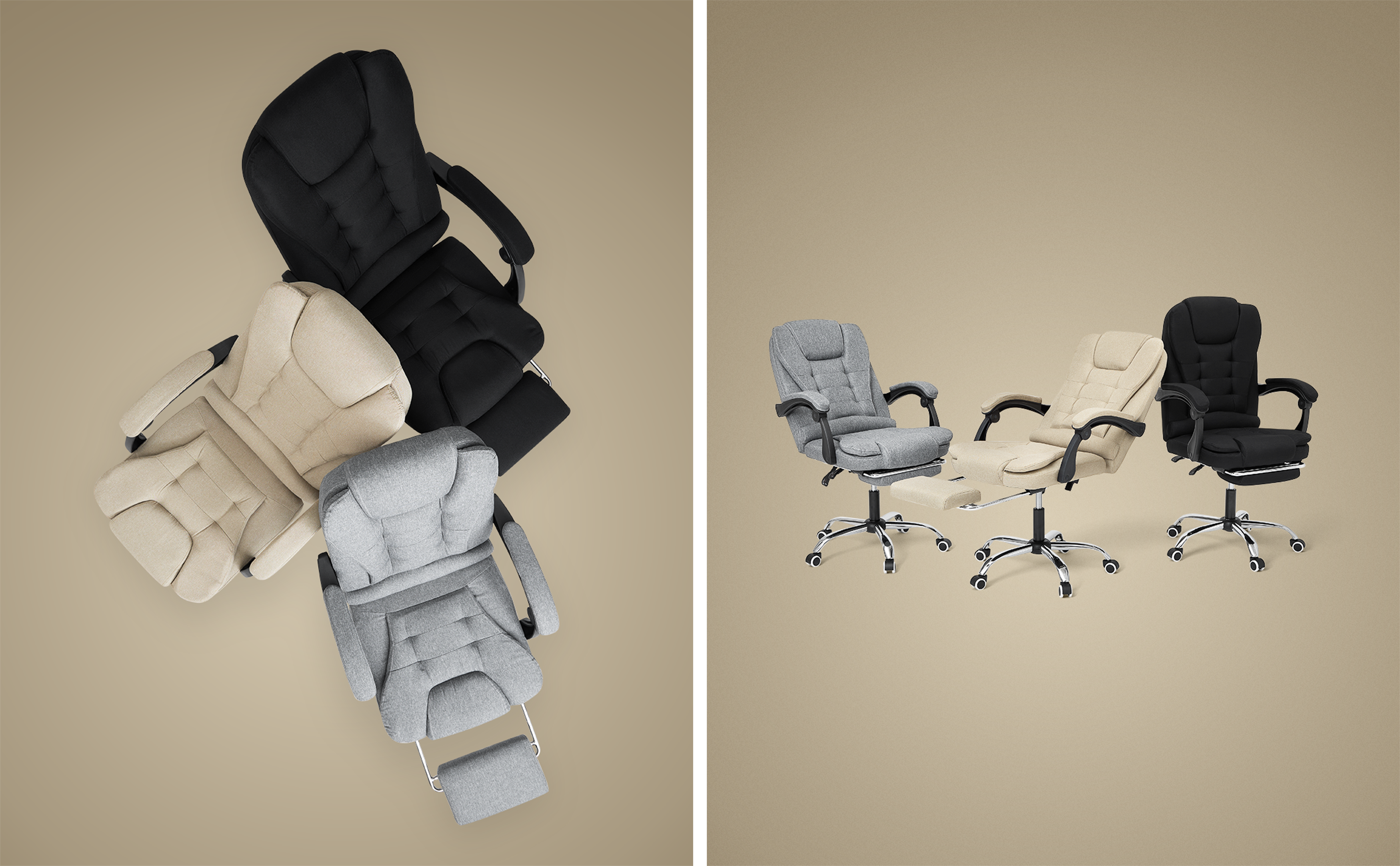 Two group photos next to each other. The first shows three unfolded chairs from above. The second shows the same chairs only from the front.