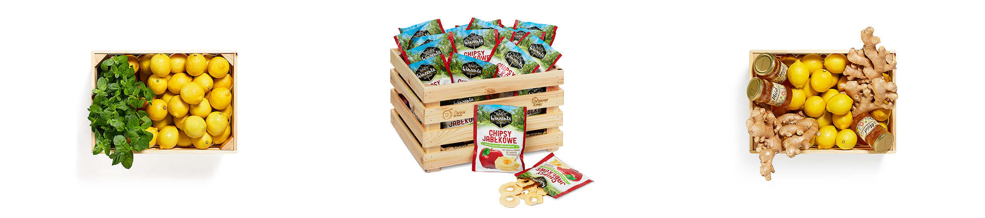product photo on white background of fruits and juices composed on crates