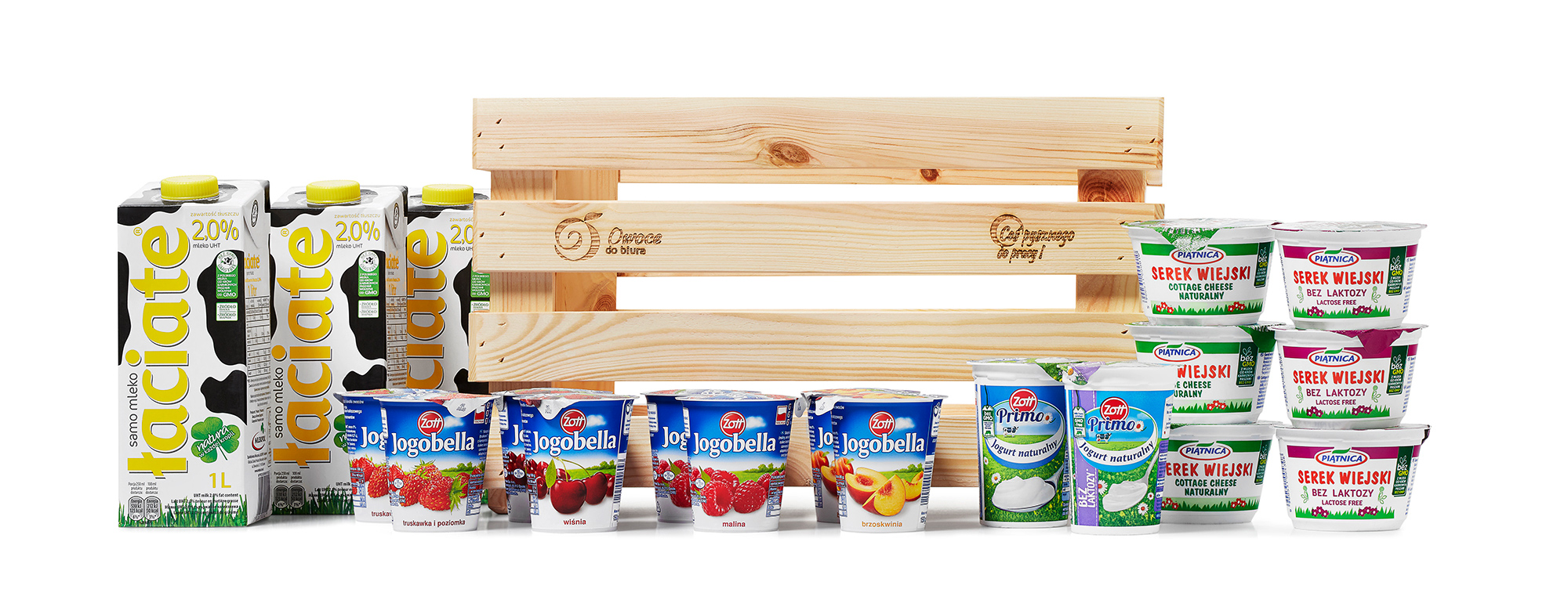 group packshot photo of dairy products on white background
