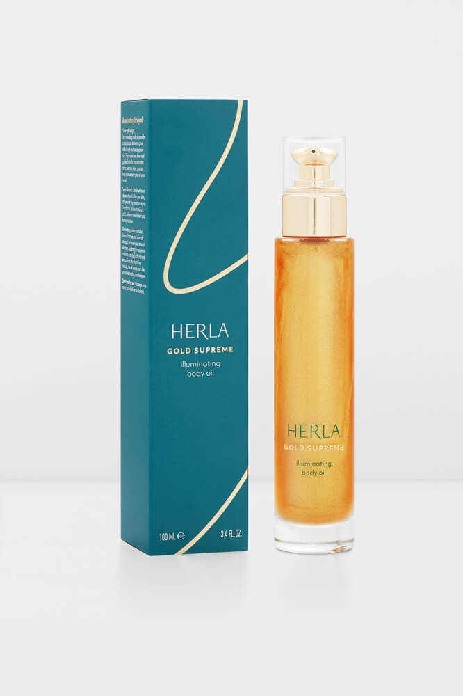 packshot photo of Herla Gold Supreme body oil along with packaging on a white background